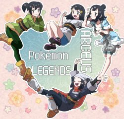 Rule 34 | 1girl, :d, akari (pokemon), black hair, black shirt, black shoes, blue shorts, brown shoes, closed eyes, commentary request, copyright name, flower symbol, green jacket, grey shorts, hair bun, hair ornament, hairclip, happy, headscarf, highres, jacket, multiple views, nintendo, official alternate costume, official alternate hairstyle, open mouth, pantyhose, pokemon, pokemon legends: arceus, sasami 642, shirt, shoes, short twintails, shorts, sidelocks, skirt, smile, socks, t-shirt, teeth, tongue, twintails, upper teeth only, white socks