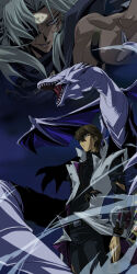2boys belt blue-eyes_white_dragon brown_hair coat dragon duel_disk facing_to_the_side facing_viewer grey_eyes grey_hair kaiba_seto male_focus multiple_boys night night_sky sky tom_(leciel2010) trench_coat wind yami_marik yu-gi-oh!