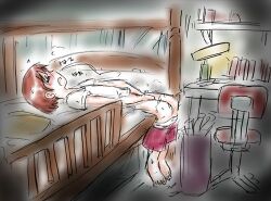 1girl barefoot bed bedroom blush book brown_hair closed_eyes clothes_pull desk desk_lamp flat_chest gym_uniform heavy_breathing lamp loli lying masturbation mimi_wo_sumaseba on_bed open_mouth panties panty_pull red_shorts shirt short_hair short_sleeves shorts shorts_pull studio_ghibli su_(pixiv_263717) sweat swivel_chair trembling tsukishima_shizuku underwear white_panties white_shirt