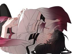 Rule 34 | 2girls, absurdres, black choker, black hair, black pants, blush, choker, closed eyes, collared shirt, commentary request, flower, gradient hair, hand on another&#039;s waist, highres, illusion moon, korean commentary, licking, licking another&#039;s face, licking another&#039;s lips, long hair, multicolored hair, multiple girls, pants, path to nowhere, purple hair, rahu (path to nowhere), scar, scar across eye, scar on arm, scar on face, scar on hand, shalom (path to nowhere), shirt, simple background, tongue, tongue out, white background, white flower, white hair, white shirt, yuri