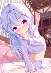 1girl ass bed bed_sheet blue_eyes blue_hair blush chinomaron finger_to_mouth gochuumon_wa_usagi_desu_ka? hair_between_eyes hair_ornament heart heart-shaped_pupils highres hood hood_down hoodie index_finger_raised indoors kafuu_chino long_hair long_sleeves looking_at_viewer open_mouth pillow purple_hoodie purple_thighhighs signature smile solo symbol-shaped_pupils thighhighs twitter_username window x_hair_ornament