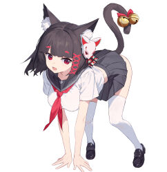 1girl :d absurdres all_fours animal_ears azur_lane bell bent_over black_hair black_sailor_collar black_skirt breasts brown_hair cat_ears cat_girl cat_mask cat_tail commentary_request full_body hair_ornament highres large_breasts looking_at_viewer mask mask_on_head medium_breasts medium_hair miniskirt neckerchief open_mouth pleated_skirt red_eyes red_neckerchief sailor_collar school_uniform serafuku skirt smile solo standing tail tail_bell tail_ornament thighhighs v_arms x_hair_ornament yamashiro_(azur_lane) yamashiro_(street_corner_offensive!)_(azur_lane) youtanhuayuan255