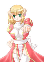 1girl back_bow blonde_hair blush bow breasts brown_horns clenched_hands closed_mouth commentary_request cowboy_shot dress green_eyes hair_bow high_priest_(ragnarok_online) horns impossible_clothes impossible_dress juliet_sleeves kazu_ayase large_breasts long_sleeves looking_at_viewer medium_hair pink_bow puffy_sleeves punching ragnarok_online red_dress sash simple_background smile solo thighhighs two-tone_dress white_background white_bow white_dress white_sash white_thighhighs