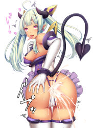 1girl ahegao ahoge amakubo_yuri ass blush breasts cameltoe corruption cum cum_in_ass cum_on_ass cum_on_body daiaru dark_skin demon_girl demon_horns demon_tail earrings elbow_gloves from_behind gloves grabbing_own_ass green_hair hand_on_own_ass heart highres horns jewelry kougyaku_reiki kouyoku_senki_exs-tia long_hair magical_girl medium_breasts nipple_slip nipples panties pink_eyes pointy_ears rolling_eyes small_breasts solo tail tan thighhighs tongue tongue_out transparent_background trembling twintails underwear variant_set white_gloves