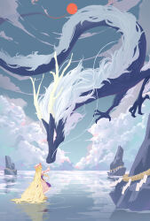 1girl absurdly_long_hair absurdres backward_facing_horns blonde_hair claws cloud commentary_request dragon dress eastern_dragon hat hat_ribbon highres long_hair long_sleeves mane mob_cap outdoors purple_tabard red_ribbon ribbon ripples rope s2535151 shide shimenawa solo tabard touhou very_long_hair water whiskers white_fur wide_sleeves yakumo_yukari