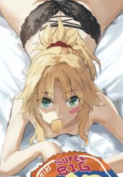 1girl ass black_panties blonde_hair breasts chips_(food) commentary_request eating fate/apocrypha fate_(series) food food_in_mouth green_eyes highres looking_at_viewer lying mordred_(fate) on_stomach panties ponytail potato_chips short_hair sketch small_breasts solo tonee topless_female underwear