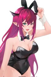 1girl arielsomayikan bare_shoulders black_horns black_leotard blue_eyes breasts cleavage corrupted_twitter_file cowboy_shot heterochromia highres hololive hololive_english horns irys_(hololive) large_breasts leotard long_hair multicolored_hair playboy_bunny purple_eyes purple_hair red_hair simple_background solo strapless strapless_leotard streaked_hair two-tone_hair virtual_youtuber white_background