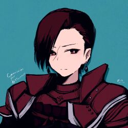1girl absurdres aqua_background armor commentary commission commissioner_name dated earrings english_commentary highres jewelry looking_at_viewer original pauldrons portrait red_armor red_eyes red_hair rnna short_hair shoulder_armor signature simple_background solo