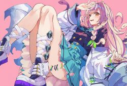1girl :d arm_up ass bandaged_leg bandages black_jacket blazer blue_skirt blush braid breasts brown_eyes cardfight!!_vanguard character_request commentary_request highres jacket knees_together_feet_apart knees_up light_brown_hair long_hair long_sleeves medium_breasts multicolored_hair nail_polish open_clothes open_jacket open_mouth pink_background pleated_skirt purple_hair purple_nails screw shirt shoes simple_background single_braid skirt sleeves_past_fingers sleeves_past_wrists smile snake_hair solo stitches streaked_hair teeth unacchi_(nyusankin) upper_teeth_only very_long_hair white_jacket white_shirt white_shoes