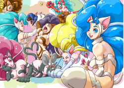 1girl animal_ears bare_shoulders black_fur blonde_hair blue_eyes blue_hair breasts brown_fur brown_hair bug butterfly cat_ears cat_tail closed_eyes darkstalkers dog felicia_(darkstalkers) heart insect large_breasts long_hair lying mouse_(animal) pink_eyes pink_hair shizimacreation tail very_long_hair white_fur