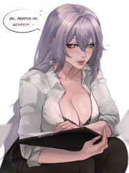 1girl absurdres alternate_costume black_bra black_pantyhose black_skirt black_swan_(honkai:_star_rail) bra bra_peek breasts cleavage collared_shirt commentary english_text highres holding holding_notepad honkai:_star_rail honkai_(series) large_breasts lart_art1 lips long_hair multicolored_eyes notepad pantyhose parted_lips pencil_skirt purple_eyes shirt simple_background skirt solo speech_bubble squatting two-tone_eyes underwear very_long_hair white_background white_shirt