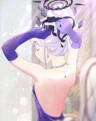1girl absurdres armpits arms_up back backless_dress backless_outfit black_halo blue_archive closed_eyes closed_mouth demon_girl demon_horns dress earrings elbow_gloves fumocchi gloves hair_bun halo highres hina_(blue_archive) hina_(dress)_(blue_archive) horns jewelry long_hair necklace purple_dress purple_gloves solo strapless strapless_dress upper_body