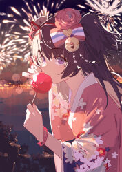 1girl absurdres bilibalakonglijiwa blue_archive blush bow brown_hair eating fireworks floral_print floral_print_kimono flower from_side hair_flower hair_ornament highres holding_candy_apple japanese_clothes kimono long_hair pink_bow pink_flower pink_kimono print_kimono purple_eyes scenery shizuko_(blue_archive) solo striped_bow two_side_up