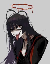 1girl antenna_hair black_serafuku blood blood_halo blue_archive breasts cleavage grey_background halo large_breasts liquid_halo long_hair neckerchief open_mouth pale_skin red_eyes red_neckerchief school_uniform serafuku simple_background solo tongue tongue_out tsurugi_(blue_archive) ushitaberu