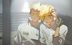 2boys ^_^ black_gloves blonde_hair brothers citronplanet closed_eyes closed_mouth collared_jacket gloves hand_on_another&#039;s_head hand_up highres jacket long_sleeves male_focus millions_knives mole mole_under_eye multiple_boys open_mouth short_hair siblings smile trigun trigun_stampede upper_body vash_the_stampede white_jacket