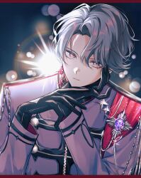 1boy backlighting blue_hair blurry collared_jacket commentary curtained_hair depth_of_field diamond_(shape) earrings freodore_(nijisanji) hand_on_own_face head_rest highres jacket jewelry lens_flare looking_at_viewer male_focus mismatched_earrings mnce_o nijisanji nijisanji_en own_hands_together parted_hair parted_lips pink_eyes smile solo upper_body virtual_youtuber zipper zipper_pull_tab