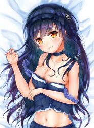 1girl bare_shoulders bed_sheet black_hairband blue_camisole blush bone_hair_ornament breasts camisole cleavage closed_mouth collarbone frilled_camisole frills hair_ornament hairband kushima_kamome long_hair looking_at_viewer lying medium_breasts navel noir_(nowaru) on_back signature skull_and_crossbones skull_hair_ornament solo strap_slip summer_pockets watermark yellow_eyes