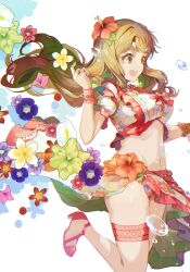 Rule 34 | 1girl, :d, asymmetrical bangs, bikini, blue flower, blunt bangs, brown eyes, brown hair, eyelashes, floating hair, floral print, floral print bikini, floral print sarong, flower, foot up, frilled bikini top, green flower, hair flower, hair ornament, hibiscus, high heel sandals, highres, idolmaster, idolmaster million live!, idolmaster million live! theater days, leaf, long hair, miyao miya, official alternate costume, open mouth, parted bangs, pink flower, purple flower, red flower, red ribbon, red sandals, red trim, ribbon, sandals, sarong, skindentation, smile, solo, swimsuit, takanome kiriri, teeth, thigh strap, upper teeth only, water drop, white background, white bikini, white flower