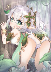 1girl against_tree ass banned_artist bracelet breasts cameltoe come_hither cross-shaped_pupils female_focus genshin_impact gradient_hair green_eyes green_hair grey_hair hair_ornament jewelry kneepits leaf_hair_ornament leaning_forward light_censor loli looking_at_viewer looking_back multicolored_hair nahida_(genshin_impact) open_mouth paid_reward_available panties pointy_ears side_ponytail sideboob small_breasts solo symbol-shaped_pupils tomagiri tree underwear white_panties
