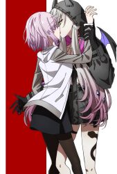 2girls black_hands black_jacket breasts colored_extremities demon_girl demon_horns demon_wings fate/grand_order fate_(series) glasses green_eyes grey_hair hair_over_one_eye highres horns jacket kiss lilith_(fate) lilith_(first_ascension)_(fate) long_hair long_sleeves low_twintails mash_kyrielight multiple_girls oiun pantyhose pink_hair purple_eyes short_hair twintails wings yuri