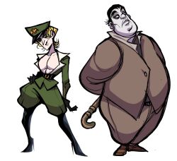 2boys arms_behind_back bare_pectorals black_footwear black_gloves black_hair blonde_hair boots brown_footwear brown_jacket brown_pants brown_suit caligura_(fear_&amp;_hunger) caricature closed_mouth collarbone commentary fat fat_man fear_&amp;_hunger fear_&amp;_hunger_2:_termina formal_clothes full_body gloves green_eyes green_jacket green_pants hat high_heel_boots high_heels highres holding holding_lead_pipe jacket karladraws14 lead_pipe legs_apart lineup looking_at_viewer military_hat military_uniform multiple_boys open_clothes open_jacket pale_skin pants pav_(fear_&amp;_hunger) pectorals shoes short_hair simple_background standing suit white_background