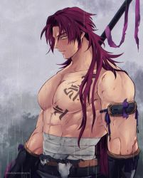 1boy abs armband armlet bandages bara glaring hair_down highres jewelry large_pectorals long_hair looking_at_viewer male_focus mullet muscular muscular_male parted_bangs pectorals rain red_hair sideburns solo stomach tattoo tonbokiri_(touken_ranbu) topless_male touken_ranbu vambraces wakuwakumuscle weapon