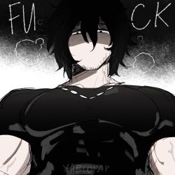 1boy alohapz black_hair black_shirt facial_hair goatee_stubble hair_between_eyes highres jewelry logan_(allenhara) looking_at_viewer looking_down male_focus muscular muscular_male necklace no_mouth original pectorals shirt short_hair short_sleeves signature stubble