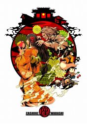 1boy 1girl architecture aura black_hair brown_eyes brushing_another&#039;s_hair brushing_hair commentary_request doll east_asian_architecture flower full_body ghost grey_hair hair_flower hair_ornament highres japanese_clothes kimono lantern long_hair mask oni_mask original paper_lantern profile smile yamada_satoshi zashiki-warashi