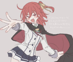 1girl black_cape blazer bow bowtie cape collared_shirt diagonal-striped_bow diagonal-striped_bowtie diagonal-striped_clothes dress_shirt hair_between_eyes hair_ribbon jacket long_sleeves medium_hair miniskirt one_side_up ongeki ousaka_akane pleated_skirt reaching reaching_towards_viewer red_cape red_eyes red_hair ribbon school_uniform shirt sketch skirt solo striped_clothes thighhighs two-sided_cape two-sided_fabric user_xung8854 white_jacket white_shirt yellow_ribbon zettai_ryouiki