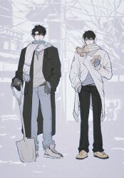 Rule 34 | 2boys, animal, black coat, black gloves, black hair, blue gloves, coat, curtained hair, earmuffs, fish, full body, gloves, hand on own hip, highres, holding, holding animal, holding fish, holding shovel, house, kim dokja, looking at another, multiple boys, omniscient reader&#039;s viewpoint, outdoors, people, power lines, railing, raya (000 unseen), scarf, short hair, shovel, silhouette, snow, snowball, snowball fight, white coat, white scarf, winter, yellow scarf, yoo joonghyuk