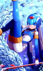 1girl android blue_eyes bubble gloves highres ice ice_dragon legs_up fairy_leviathan_(mega_man) mega_man_(series) mega_man_zero_(series) polearm spear thighhighs water weapon