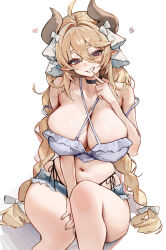 1girl absurdres ahoge blonde_hair braid breasts camisole cleavage commentary criss-cross_halter crop_top denim denim_shorts double-parted_bangs finger_to_mouth fungi542 grin hair_intakes hair_ribbon halterneck hand_on_own_knee heart highres horns huge_breasts lev_(kerinyan) light_blush long_hair looking_at_viewer low_twin_braids low_twintails navel original panties pointy_ears purple_eyes ribbon short_shorts shorts side-tie_panties sidelocks sitting skindentation smile solo strap_slip symbol-only_commentary teeth thick_eyebrows twin_braids twintails underwear very_long_hair white_background white_camisole