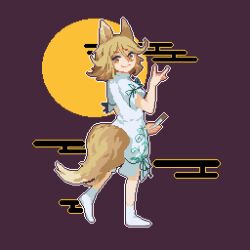 1girl animal_ears bow closed_mouth commentary corked_bottle fox_shadow_puppet full_body green_bow holding hui_mi_(hennji_echo) kudamaki_tsukasa medium_hair orange_eyes pixel_art purple_background romper socks solo tail test_tube touhou white_romper white_socks