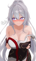 1girl absurdres ahoge artist_name black_dress blue_eyes blush breasts cleavage commentary dress english_commentary highres honkai_(series) honkai_impact_3rd kiana_kaslana kiana_kaslana_(ba-dum!_fiery_wishing_star) large_breasts long_hair looking_to_the_side paid_reward_available quelang simple_background solo star-shaped_pupils star_(symbol) symbol-shaped_pupils two-tone_dress very_long_hair white_background white_dress white_hair