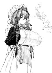 1girl arms_behind_back braid breasts closed_mouth commentary cowboy_shot dress expressionless from_side greyscale hair_between_eyes hair_intakes hat henriiku_(ahemaru) highres hololive hololive_english huge_breasts impossible_clothes impossible_dress long_hair looking_at_viewer low_twin_braids maid maid_headdress mob_cap monochrome official_alternate_costume official_alternate_hairstyle ouro_kronii ouro_kronii_(maid) pocket_watch simple_background solo standing twin_braids victorian_maid virtual_youtuber watch white_background