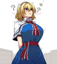 1girl ? alice_margatroid arms_behind_back blonde_hair blue_dress blue_eyes capelet coin dress formicid hair_between_eyes hairband hypnosis mind_control open_mouth red_hairband short_hair solo touhou white_capelet