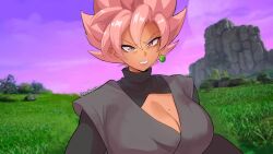 1girl abigbrother angry breasts cleavage disgust dragon_ball earrings genderswap genderswap_(mtf) goku_black jewelry mole mole_on_breast outdoors pink_eyes pink_hair signature solo