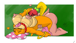 2girls artist_name ass blonde_hair bow breasts brewcitymonk closed_eyes colored_skin cunnilingus hair_ornament hand_on_another&#039;s_head heart huge_breasts jewelry mario_(series) multiple_girls necklace nintendo nipples oral pom_pom_(mario) ponytail reptile_girl ringlets shiny_skin sweat tail thick_lips thick_thighs thighs wendy_o._koopa yuri