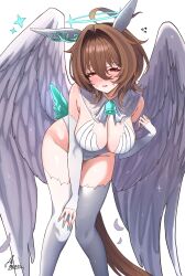 1girl agnes_tachyon_(umamusume) ahoge angel angel_wings animal_ears bell breasts brown_hair cleavage collar detached_collar detached_sleeves halo highres horse_ears horse_tail long_sleeves looking_at_viewer open_mouth red_eyes short_hair solo tail takatu_nanto umamusume white_background wings