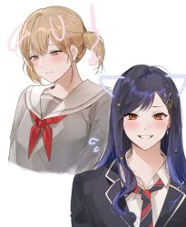 2girls azusawa_kohane black_jacket blue_hair brown_eyes brown_hair closed_mouth commentary diagonal-striped_clothes diagonal-striped_necktie drawn_ears fresa_pie grey_shirt hair_between_eyes hair_ornament hairclip highres jacket kamiyama_high_school_uniform_(project_sekai) long_hair miyamasuzaka_girls&#039;_academy_school_uniform multiple_girls neckerchief necktie orange_eyes project_sekai red_neckerchief sailor_collar school_uniform serafuku shiraishi_an shirt short_hair short_twintails simple_background star_(symbol) star_hair_ornament striped_clothes symbol-only_commentary twintails white_background white_sailor_collar white_shirt