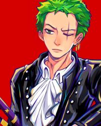 1boy anrifishu ascot black_jacket closed_mouth earrings green_eyes green_hair highres jacket jewelry leather leather_jacket looking_to_the_side male_focus one_piece one_piece_film:_red roronoa_zoro scar scar_across_eye scar_on_face shirt short_hair solo upper_body white_ascot white_shirt