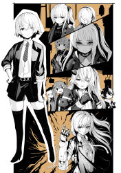 Rule 34 | 1boy, 4girls, :3, absurdres, assault rifle, belt, beret, collared shirt, dier (girls&#039; frontline), electricity, girls&#039; frontline, girls&#039; frontline 2: exilium, greyscale with colored background, gun, h&amp;k hk416, hand on another&#039;s shoulder, hat, highres, holding, holding gun, holding weapon, hood, hoodie, jacket, leva (girls&#039; frontline 2), multiple girls, necktie, numazume, one side up, open clothes, open jacket, partially unbuttoned, rifle, scar, scar across eye, scar on face, scarf, shirt, short hair, shorts, smile, thighhighs, twintails, ump40 (girls&#039; frontline), ump45 (girls&#039; frontline), ump9 (girls&#039; frontline), weapon, white scarf