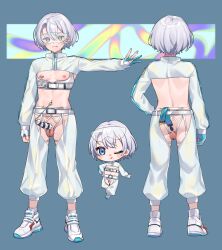 1boy :q anal anal_object_insertion ass back butt_plug chaps chibi commission earrings facing_away facing_viewer full_body gloves grey_hair highres id_card jacket jewelry kan&#039;yu_(citron_82) male_focus mole mole_on_ass mole_on_thigh mole_under_mouth nail_polish navel_piercing nipple_piercing nipples o-ring object_insertion one_eye_closed original partially_fingerless_gloves penis penis_piercing penis_sheath piercing reference_sheet revealing_clothes safety_glasses safety_pin safety_pin_piercing sex_toy shoes skeb_commission sneakers solo standing testicles toned toned_male tongue tongue_out trap white_jacket white_shoes yellow_nails