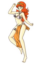 Rule 34 | 1980s (style), 1girl, :d, alternate costume, bikini, bikini top only, breasts, choker, dancer, dancer&#039;s costume (dq), dragon quest, dragon quest i, earrings, female focus, full body, green eyes, highres, jewelry, leg up, loincloth, long hair, metal bra, oldschool, open mouth, orange hair, princess, princess laura, professormegaman, retro artstyle, smile, solo, swimsuit, thigh cuffs, thigh strap, tiara, transparent background