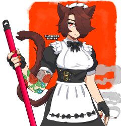 1boy absurdres alt_text animal_ears apron arm_tattoo artist_name black_bow black_bowtie black_dress black_gloves bow bowtie brown_hair cat_boy cat_ears cat_tail cigarette commentary dress fingerless_gloves flower_tattoo frilled_headwear gloves hair_over_one_eye highres holding holding_cigarette looking_at_viewer maid maid_apron maid_headdress male_focus nail_polish original red_eyes red_nails short_hair smoke solo subspaceskater tail tattoo white_apron