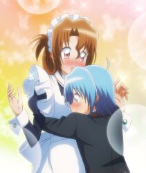 1boy 1girl absurdres apron ayasaki_hayate blue_eyes blue_hair blush brown_hair dress folded_ponytail formal_clothes hayate_no_gotoku! head_on_chest highres hug long_hair maid maid_headdress maria_(hayate_no_gotoku!) red_eyes short_hair suit