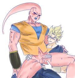 2boys anal_fingering blonde_hair blue_anus blush colored_skin dragon_ball dragonball_z fingering height_difference linisthename majin_buu male_focus multiple_boys muscular muscular_male open_mouth penis pink_skin precum red_eyes size_difference super_buu super_saiyan sweatdrop trembling vegetto yaoi