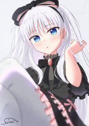 1girl :o absurdres alternate_costume alternate_hairstyle black_bow black_dress black_hairband blue_eyes blurry blush bow commentary crossed_legs depth_of_field dress dress_bow eyes_visible_through_hair frilled_dress frilled_sleeves frills hair_behind_ear hair_between_eyes hair_bow hairband hand_up highres huge_bow long_hair looking_at_viewer naruse_shiroha open_mouth pantyhose pink_bow playing_with_own_hair shirt short_sleeves sidelocks signature simple_background sitting solo suimei_(ramebi3) summer_pockets two_side_up very_long_hair white_background white_hair white_pantyhose wide_sleeves wings