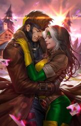 1boy 1girl belt black_gloves black_sclera blurry blurry_background bodysuit brown_coat brown_hair cabin card coat colored_sclera dcwj depth_of_field gambit gloves green_bodysuit green_eyes green_headband headband highres hug leather_coat lens_flare long_coat long_hair marvel multicolored_hair open_clothes open_coat outdoors pine_tree playing_card red_eyes rogue_(x-men) short_hair sunset superhero_costume tree two-tone_bodysuit two-tone_hair white_hair x-men yellow_bodysuit yellow_gloves
