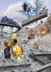 animate_object commentary_request debris digimon digimon_(creature) guardromon jazamon junkmon locomon locomotive minotaurmon non-humanoid_robot official_art outdoors robot robot_animal robot_bird train